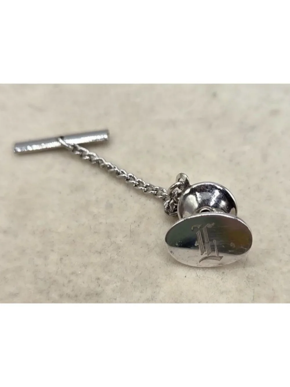 Silver Monogrammed Tie Tack With Chain & Bar